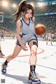 A woman in a basketball uniform holding a basketball on a court.