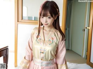 A woman in a pink dress standing in front of a mirror.